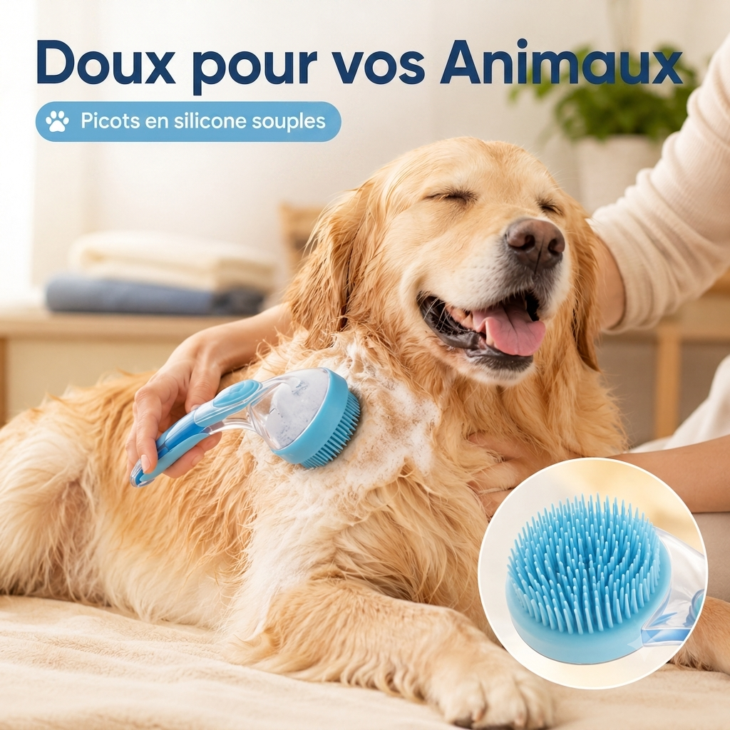 Brosse de bain 2 en 1 pour animaux avec distributeur de shampoing