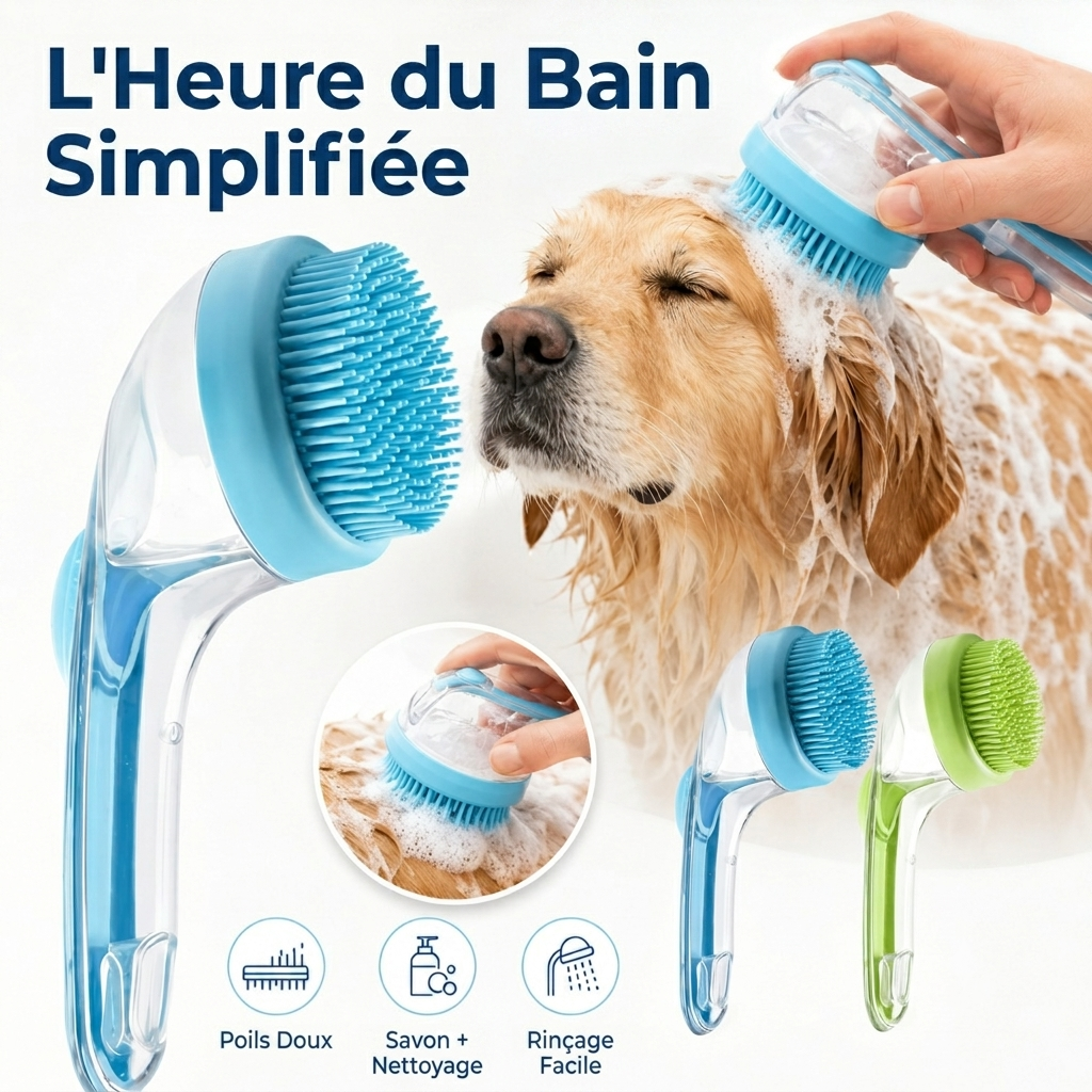 Brosse de bain 2 en 1 pour animaux avec distributeur de shampoing