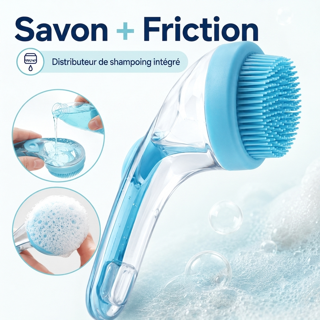 Brosse de bain 2 en 1 pour animaux avec distributeur de shampoing